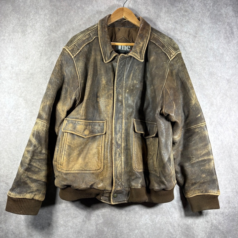 Vintage INC Leather Jacket Mens XL Brown Bomber Aviator Distressed Flight 90s